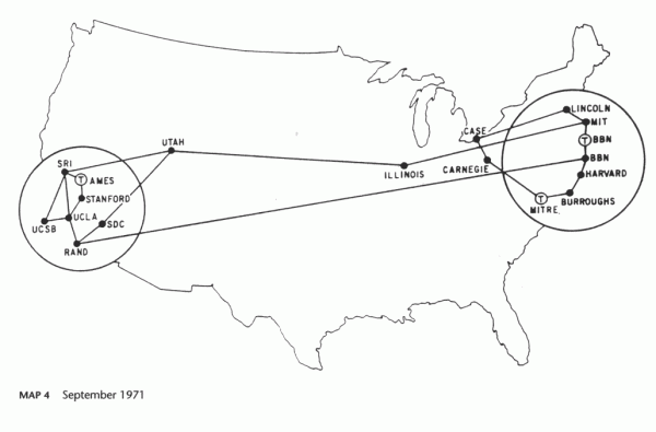 Locais ligados pela ARPANET.